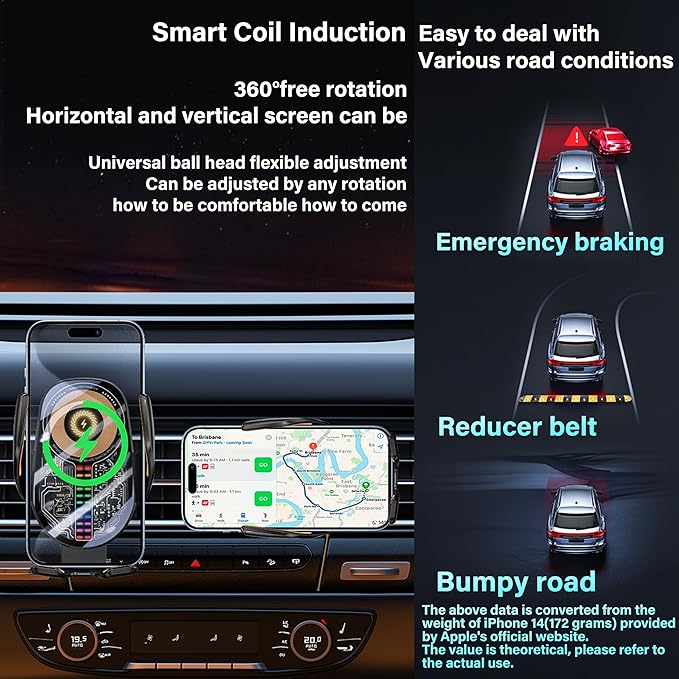 Wireless Car Charger Mount Cell Phone Holder Car - Auto Clamping 3-Axis Adjustable Phone Mount for Car Vent with 15W Fast Charging and Ultra-Thin Design Slim Profile for iPhone 16 Pro Max 16 15 14