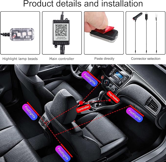 RGB Car Footwell Ambient Lighting Kit USB 16.7 Millions Colors Sound Active Music Sync APP Control + RF Remote Controller Car Interior Multicolored Footwell Atmosphere Light DC 12V