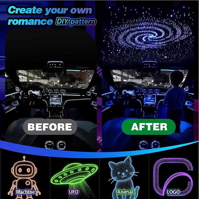 VASTFIRE Split Starlight Headliner Kit - 400pcs 0.02in 4.9ft Fiber Optic RGBW Star Lights for Car with 2 Light Heads 16W Engine Easy to Hide,Flexible Wiring,APP/Remote Control for Car Roof Ceiling