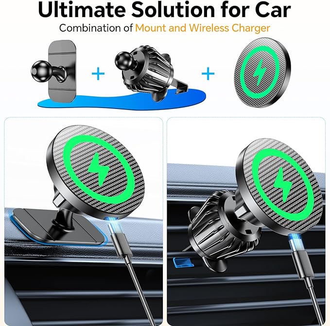 Coolpow for Magsafe Car Mount Charger【100% Stable】15W Magsafe Car Charger Magnetic Phone Holders for Your Car Accessories for Women Men car Phone Holder Wireless Car Charger for iPhone (Carbon Fiber)