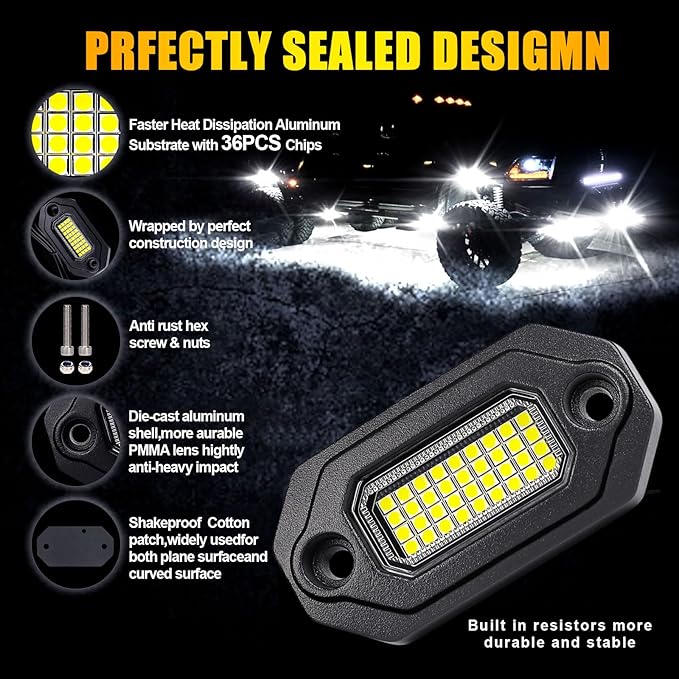 12Pods Metal Bright Pure White LED Rock Lights Kit,Per pod provided 15FT Power Cord,6500K 36LEDs Neon Underglow Light Aluminum Waterproof Fender Lights for Trucks Trailer Jeep Off Road ATV UTV