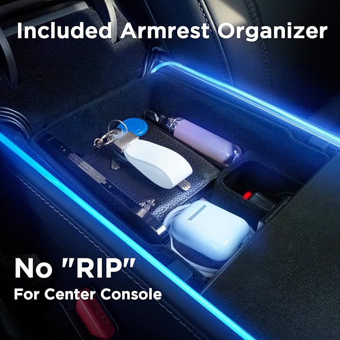 Nestour Interior Car Neon Lights Fit for Tesla Model 3 Y 2016-2020 (Center Console+Dashboard+Seat Back+4 Foot Lights) with Armrest Organizer, Tesla Ambient Lighting, APP-Controlled LED Strip Lights