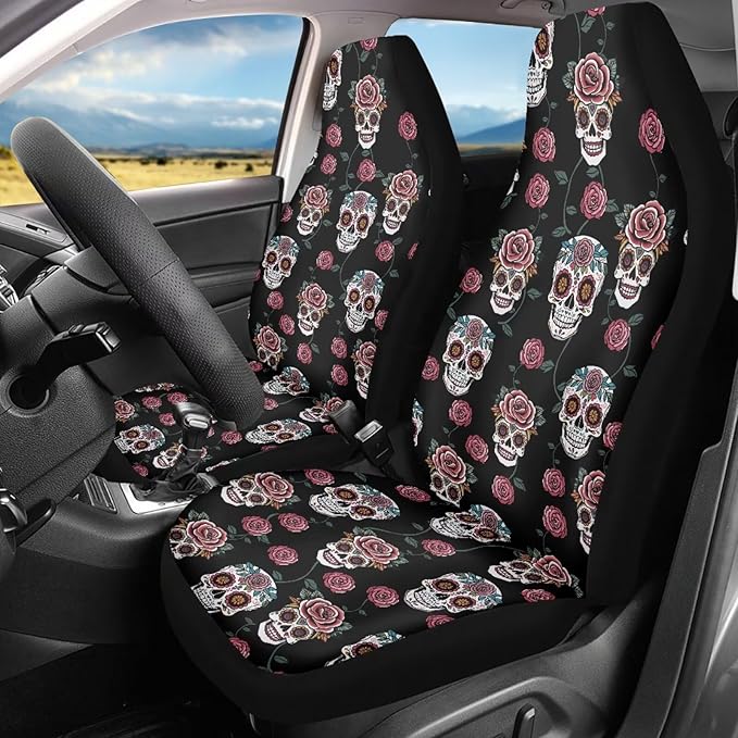 Goth Skull Rose Seat Covers for Car, Universal Stretchy Cars Front Seat Protectors Cover, Men Women Car Accessories Decoration Saddle Blanket for Bucket Seat, Set of 2