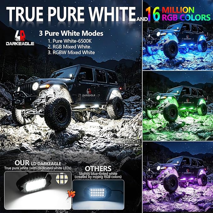 8Pods Heavy Duty Aluminum RGBW LED Rock Lights Kit for Jeep Trucks UTV ATV Golf Cart RZR SXS 4Wheeler Off-Road Vehicles, APP & RF Remote, Plug & Play Pre-Wired, Waterproof 12V Underglow Accent Light
