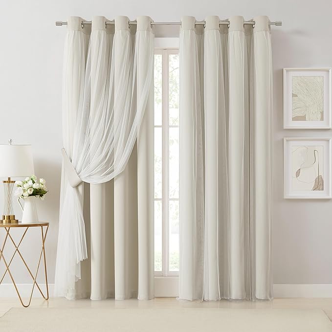 Bujasso Beige 80% Blackout Curtains with Sheer Overlay Mix and Match Double Layer Thermal Insulated Window Panels 90 inch for Living Room Bedroom Beige Drapes with Tiebacks Grommet Top 54" Wx90 Lx2