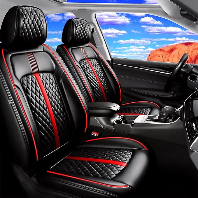Fit CX-5 Car Seat Covers (Front Pair) for Select Mazda CX5 2013-2024 2025 2026 - Premium Full Coverage Leather, Airbag Compatible, Waterproof & All Weather Seat Protector, Black with Red Trim