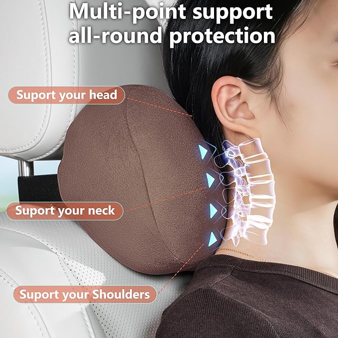 Car Neck Pillow Ergonomic Design Memory Foam Softness Car Headrest Pillow for Neck Support Cushion for Driving, Universal Fit Head Rest Travel Pillow, Fits All Vehicles, Brown, 2 Pack