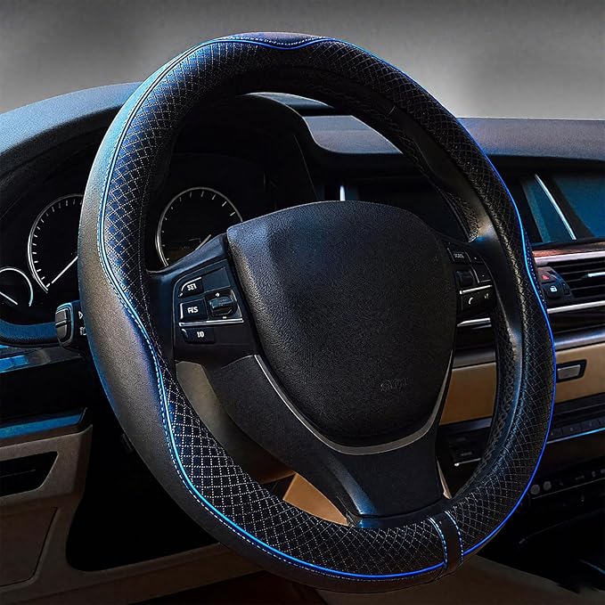 LABBYWAY Microfiber Leather Steering Wheel Cover, Universal 14.5-15 Inch Steering Wheel Anti Slip Car Interior Accessories for Men Women (Black with Blue Line)