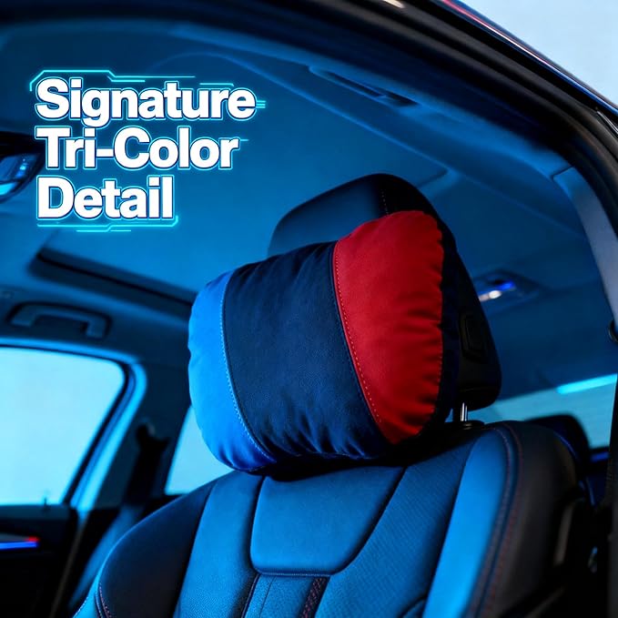 Car Headrest Pillow for BMW Interior Accessories, Neck Cushion MTri-Style 3-Color Stripe Design, Microfiber Suede Cover, High-Resilience Foam, Sporty Interior Decor for Driving Comfort, 1 pcs