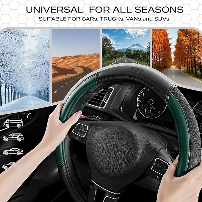 Skechers Air-Cooled Steering Wheel Cover,Leather Car Steering Wheel Cover Universal Fit 14" 1/2-15" Car Wheel Protector for Men Women Fit Suvs,Vans,Sedans,Car,Trucks,Green