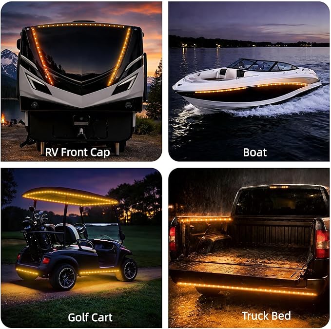 12V Marine Boat LED Light Strip Super Bright, 2 Pack 6.56FT IP68 Fully Waterproof RV Front Cap Lights, Golf Cart Underglow Roof Lights Strip for Truck ATV UTV SUV Car Pickup Trailer, Cuttable, Amber