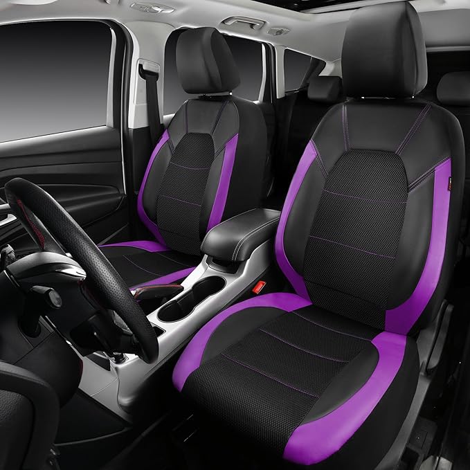 CAR PASS Leather Seat Covers, Breathable Universal Car Seat Cover Full Set for Cute Women Girly,Super 5mm Composite Sponge Inside,Airbag Compatible fits Most Auto,SUVs,Trucks,Vans(Black&Purple)