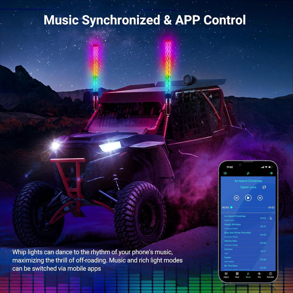 2PCS 2FT Fat Whip Lights for UTV ATV with Spring Base, Led Fatty Whip Light W/Rocker Switch & 6 Flags, Brighter Spiral Chasing Lighted Antenna Whip with APP & Remote Control for RZR SXS Can-Am