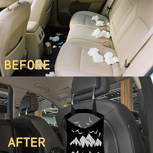 Adventure Awaits Car Trash Bag,Mountain Forest Strap Drawstring Car Garbage Bags,Car Back Seat Organizer with Adjustable Buckle for Car Accessories