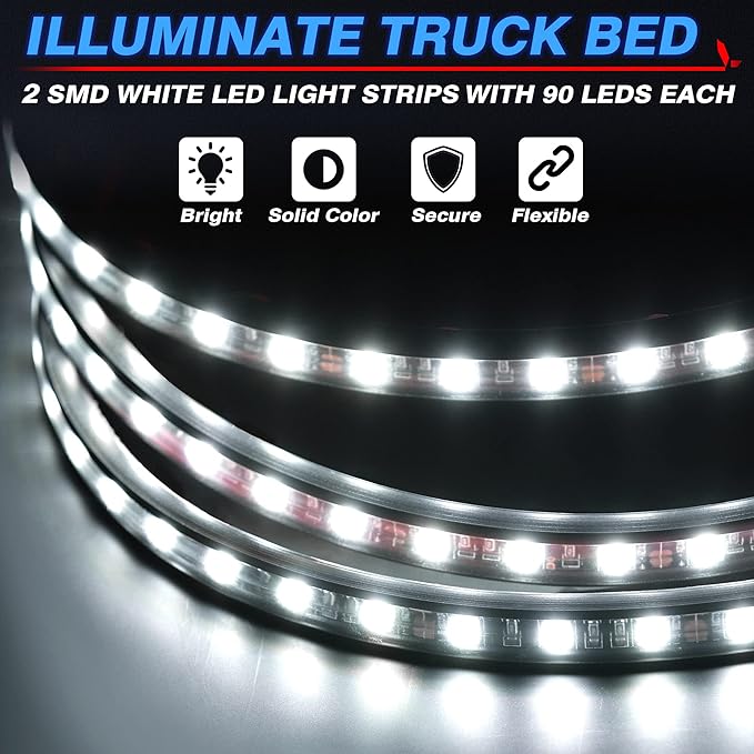 MICTUNING 2Pcs 60 Inch White LED Cargo Truck Bed Light Strip Lamp Waterproof Lighting Kit with On-Off Switch Fuse 2-Way Splitter Cable Compatible with Pickup RV SUV and More