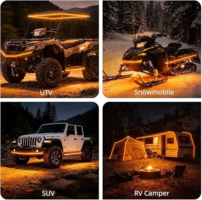 12V Marine Boat LED Light Strip Super Bright, 2 Pack 6.56FT IP68 Fully Waterproof RV Front Cap Lights, Golf Cart Underglow Roof Lights Strip for Truck ATV UTV SUV Car Pickup Trailer, Cuttable, Amber