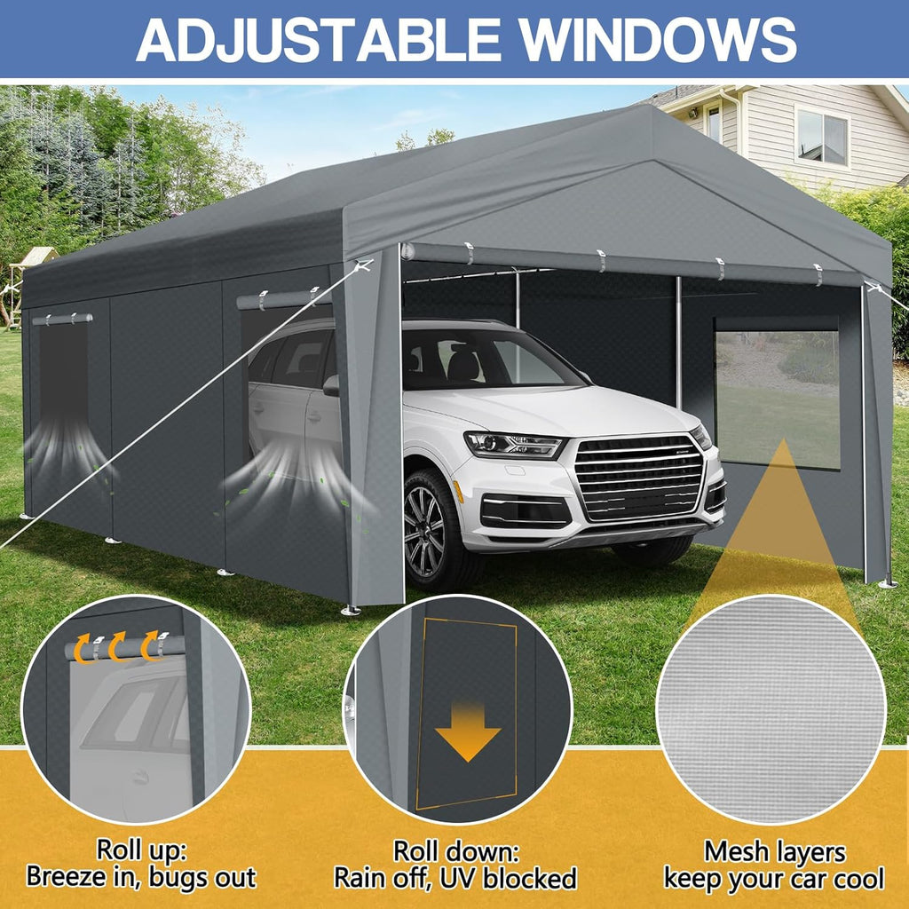 VINGLI 12x20 Carport Canopy Portable Garage with Roll-up Windows & Removable Sidewalls, Car Canopy Heavy Duty Car Tent for SUV, Boats, RVs, Trucks (with Sidewalls)
