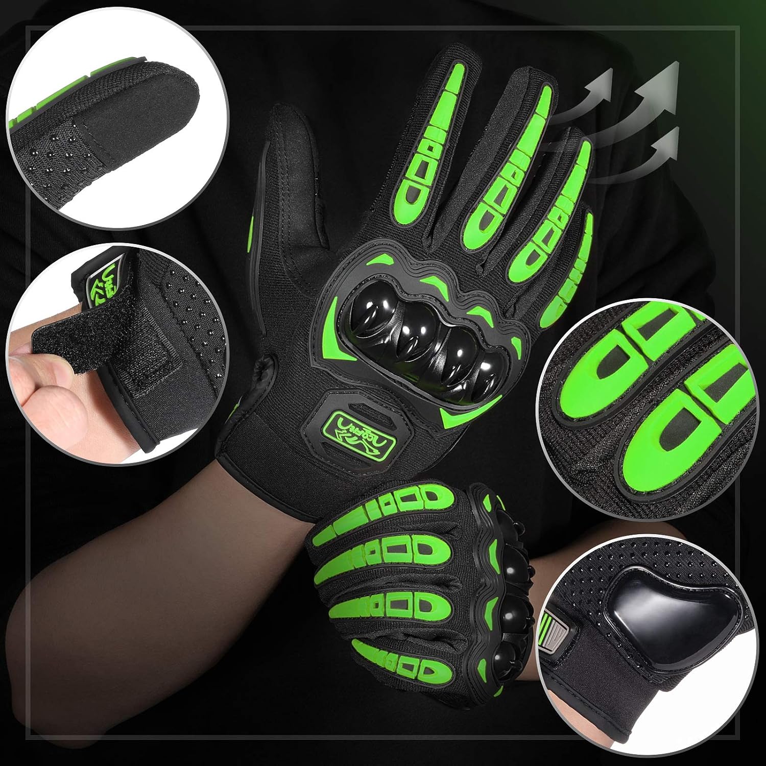 COFIT Motorcycle Gloves Breathable, Touchscreen Motorbike Gloves Anti-Slip with Good Grip Hard Knuckles Protection for Men Women Motocross, BMX ATV MTB Cycling, Road Racing - Green XXL