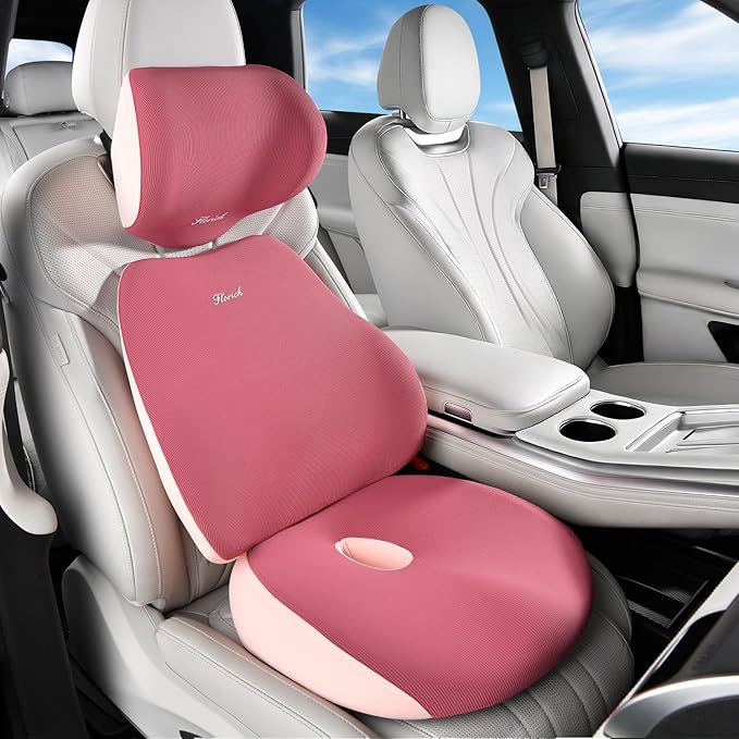 FLORICH Car Seat Cushion & Lumbar Support Pillow & Car Neck Pillow, Ergonomic Memory Foam Driving Seat Cushions for Back & Sciatica Pain Relief, Non-Slip Cushion for Car, Office Chair,Wheelchair-Pink