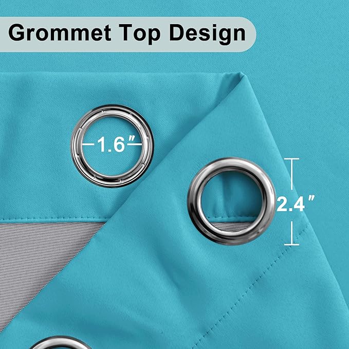 XWZO Full Shading Blackout Curtains 72 Inches Length - Heat and Light Blocking Ring Top Window Drapes with Black Liner Backing for Bedroom Sewn with Tiebacks, Turquoise, W52 x L72, Set of 2