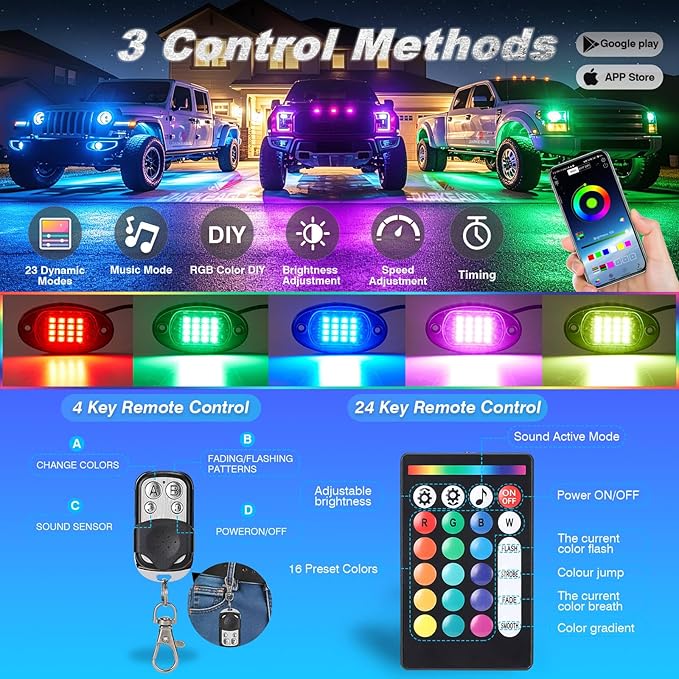 20Pods RGB LED Rock Lights for Trucks Pickup Dually Truck Off-Road, Multicolor Underglow Light Kit with APP/RF Remote Dual Zone, Plug and Play&Pre Wired 12V Vehicle Underbody Accent Light Waterproof