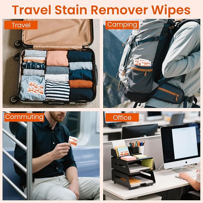 Stain Remover Wet Wipes Bulk, Individual Wrapped Clothes Portable Travel Messy Eater Cleaning Laundry Stain Removal Wipes Pocket Size for Clothing Fabric/Wine/Fast Food 7.1 x 4.7 Inch (White 100)