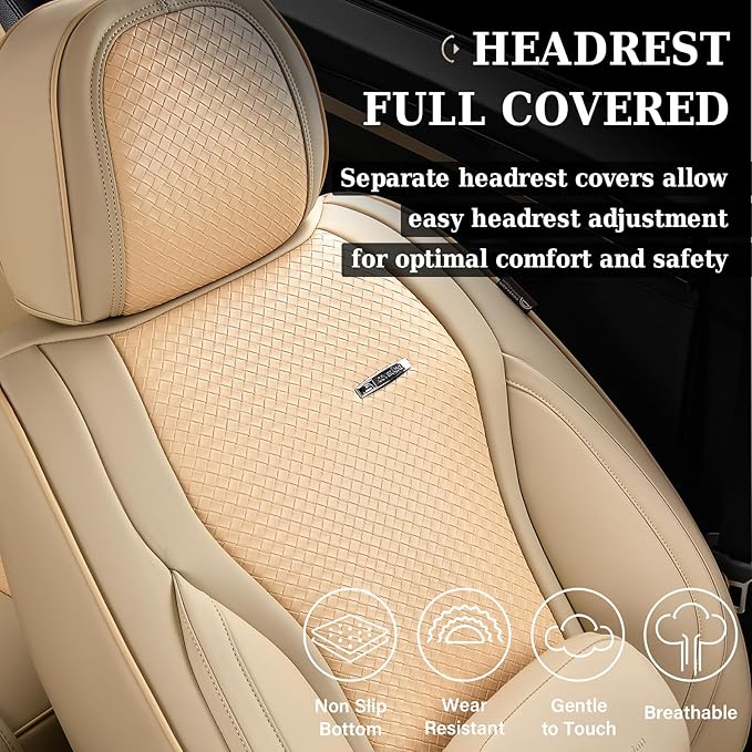 Coverado Car Seat Covers Full Set, Beige Seat Covers for Cars, Waterproof Nappa Leather Automotive Seat Covers with Lumbar Head Pillow, Car Seat Protectors, Universal Fit for Most Cars SUV