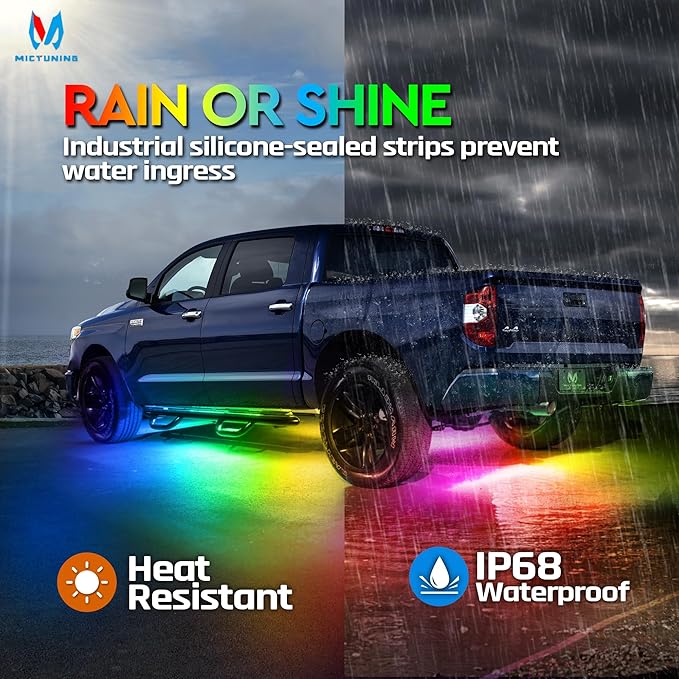 MICTUNING N3 Car Underglow Light Strip Kit, Chasing Dream RGB+IC LED, Exterior Lighting Accessories Underbody Multicolor Neon Accent Light Bar, App Control, IP68 Waterproof, 4PCS 2 Years Warranty