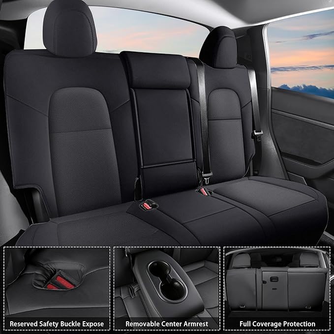 AOMSAZTO Car Seat Cover Fit for Tesla Model Y 2020 2021 2022 Full Set Black Customized Seat Covers, Custom Fit Full Set Faux Leather Black