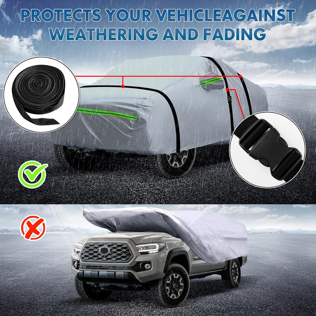 KEYOOG 6-Layer Full Car Cover is All-Weather Waterproof, All Seasons, Snow Prevention Rainproof, Acid Rainproof, Sunscreen, Ultraviolet-Proof, Fits Hatchbacks up to 173 ", Green Reflective Strip