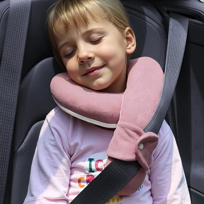 Kids Travel Neck Pillow, Toddler Travel Pillow for Car & Airplane and Head & Chin Support, Comfortably Travel Neck Pillow for Road Trip Sleeping, Gifts for Toddler/Child/Kids (Pink & Beige)