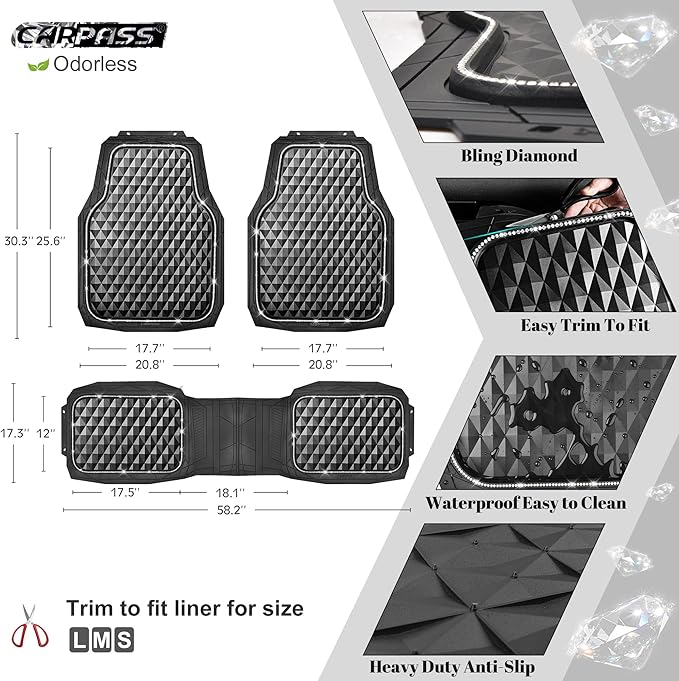 CAR PASS Bling Diamond Black Rubber Car Mats, Heavy Duty Deep Dish All-Weather Floor Mat Anti-Slip 3D Rhombus Waterproof Trim to Fit Liner Universal Glitter Sparkly Shining Rhinestone, 3 Pcs Silver