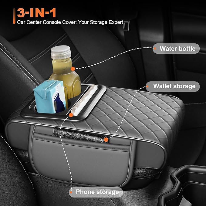 Center Console Cover Fit for Kia Sorento 2003-2025 with 2 Storage Bags Waterproof Leather Quilted Pattern Car Armrest Cover Cushion Elevating Pad Anti-Slip(Grey)