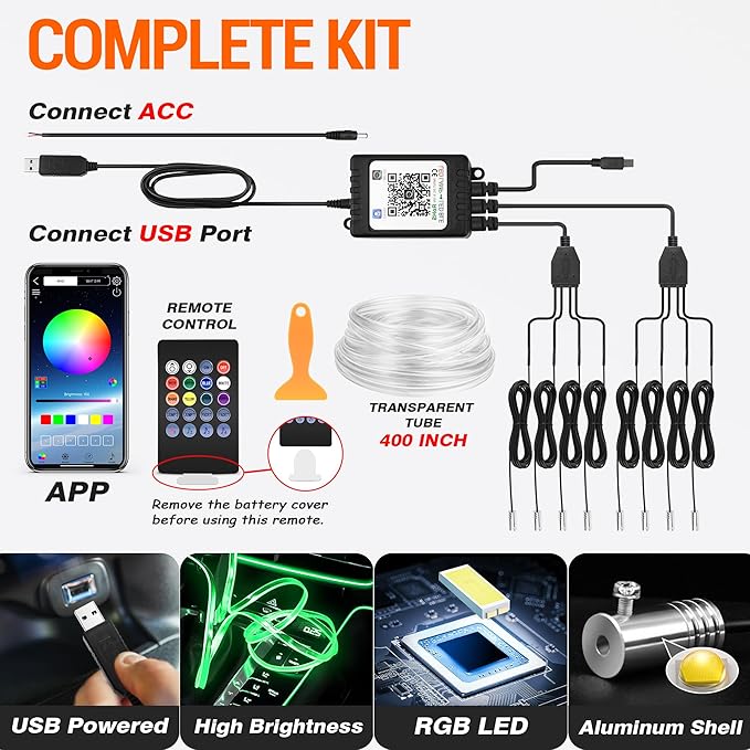 Interior Car LED Strip Lights, RGB 8-in-1 16 Million Colors Ambient Lighting Kit with 400 inches Fiber Optic Wireless APP & Remote Control Music Sync