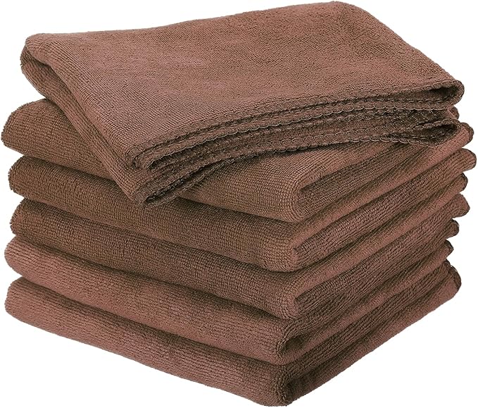 HARFINGTON 6 Pack Microfiber Cleaning Cloth, 20" x 10" Multi-Functional Cleaning Towels Reusable Absorbent Rags for Car Wash Kitchen Household Window Clean, Brown