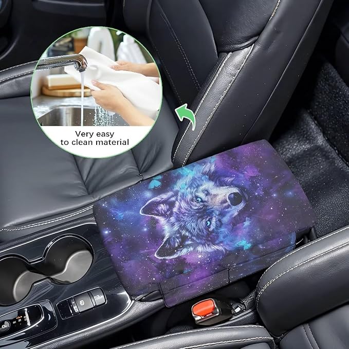 Wanyint Galaxy Wolf Butterfly Car Center Console Armrest Cover Soft Armrest Cover Lid Non-Slip Middle Console Cover with Side Storage Pocket for Car Seat Organizer Universal Fit