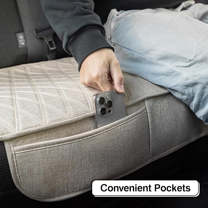 Universal Auto Faux Linen Back Car Seat Cover Beige - Breathable Rear Seat Protector with Non-Slip Bottom Size M - Diamond Stitched Bench Seats Cushion for Vehicles Cars Van SUV Truck