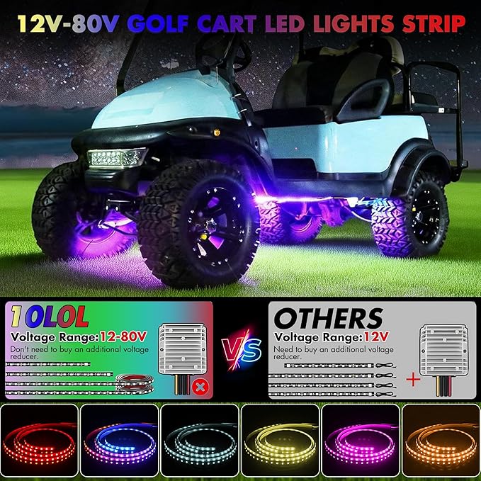 10L0L 4PCS Golf Cart Underglow LED Lights Kit for EZGO Yamaha Club Car, RGB Neon Accent Lighting 24 Modes with Wireless Remote & Music Sync, Waterproof Flexible Tubes 12V-80V Universal Fit