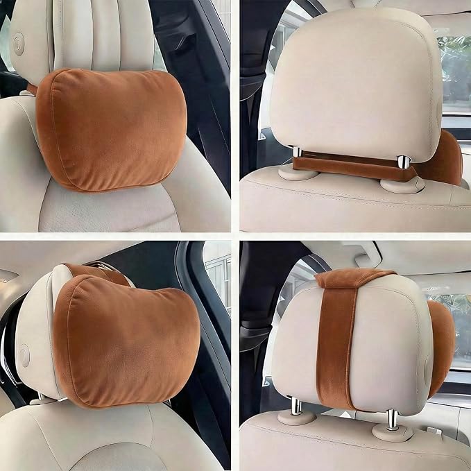 2PCS Car Pillow for Car Neck Pillow for Driving Seat Neck Support Soft Cushion Back Support Head-Rests for Vehicle Sleeping with Elastic Adjustment Strap (Brown, Head)