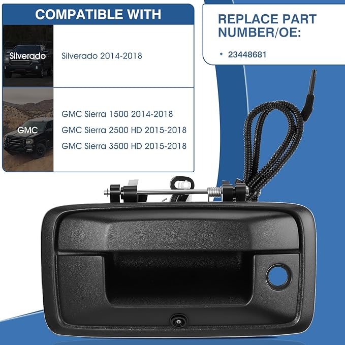 Tailgate Handle Backup Camera Fit for Chevy Silverado 2014-2018,Fit for GMC Sierra 2500HD 3500HD Canyon 2015-2018 Tailgate Reversing Rear View Park Assist Camera RCA Plug Replaces 23448681