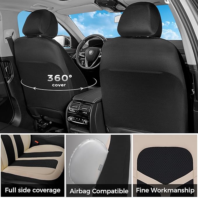 FLORICH Car Seat Covers Front Seat, Universal Seat Cover 2 Seats, Automotive Seat Covers with Mesh Leather, Waterproof Car Seat Protector, Breathable Car Seat Cushion for Most Car SUV Truck Beige