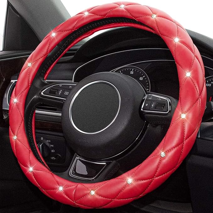 Xizopucy Red Steering Wheel Cover, Leather Car Steering Wheel Cover, Crystal Rhinestones Anti-Slip Soft Accessories for Women and Girl Universal Fit 14.5-15 Inch