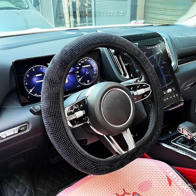 Steering Wheel Cover for Women Boho Universal Steering Wheel Covers Protector Car Accessories for Car 15 inch (Bling Black)