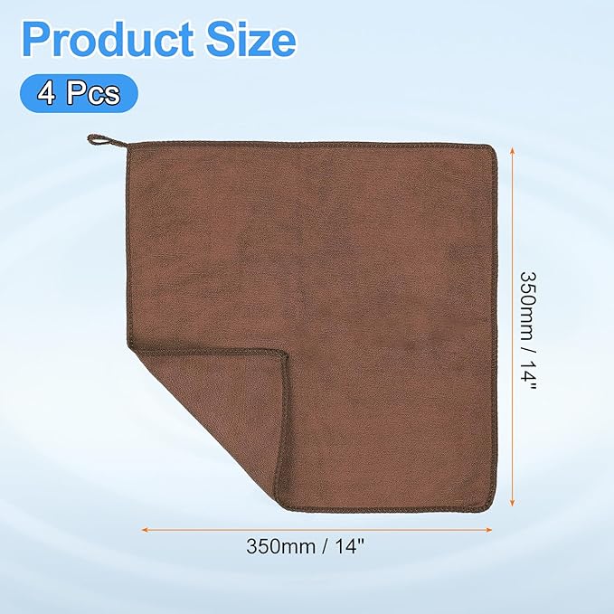 HARFINGTON 4 Pack Microfiber Cleaning Cloth, 14" x 14" Multi-Functional Cleaning Towels Reusable Absorbent Rags with Hook for Car Wash Kitchen Household Window Clean, Brown