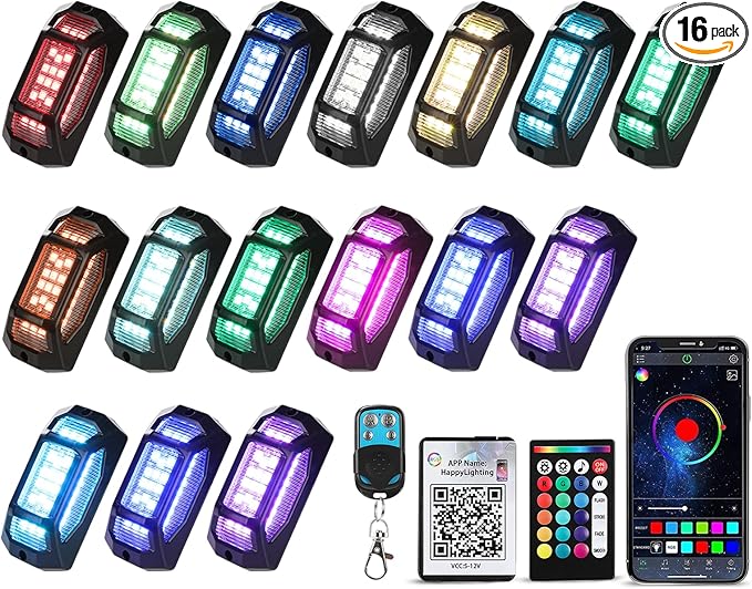 16 Pods RGB Rock Lights for Trucks - 5-Sided LED Underglow Lights with App & RF Remote Control, IP67 Waterproof Music Sync Neon Exterior Lighting Kit, No-Drill Universal Fit for SUV, ATV, Off-Road