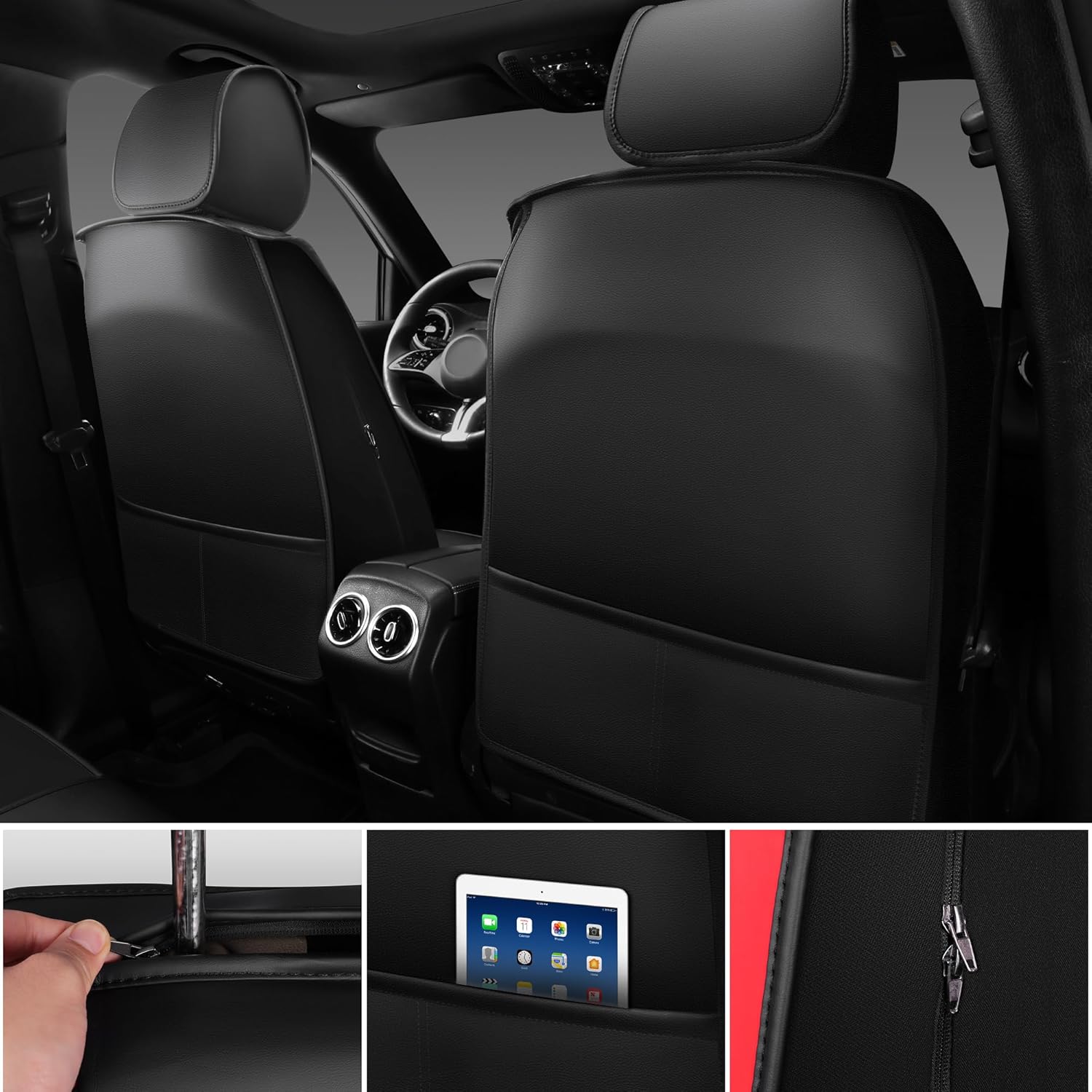 CAR PASS Nappa Leather Car Seat Covers Front Seats, Luxury Seat Protector for Cars, Waterproof Anti-Slip Seat Cushion Armrest Compatible Airbag Universal for Sedan SUV Pick-up Truck Auto, Black Red