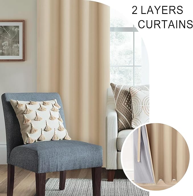 XWZO Complete Blackout Shades Window Curtain Panels with Tiebacks- Noise Reduction and Light Blocking Grommet Curtains with Black Liner for Studio, Basement Room, Biscotti Beige, W42 x L45, Set of 2