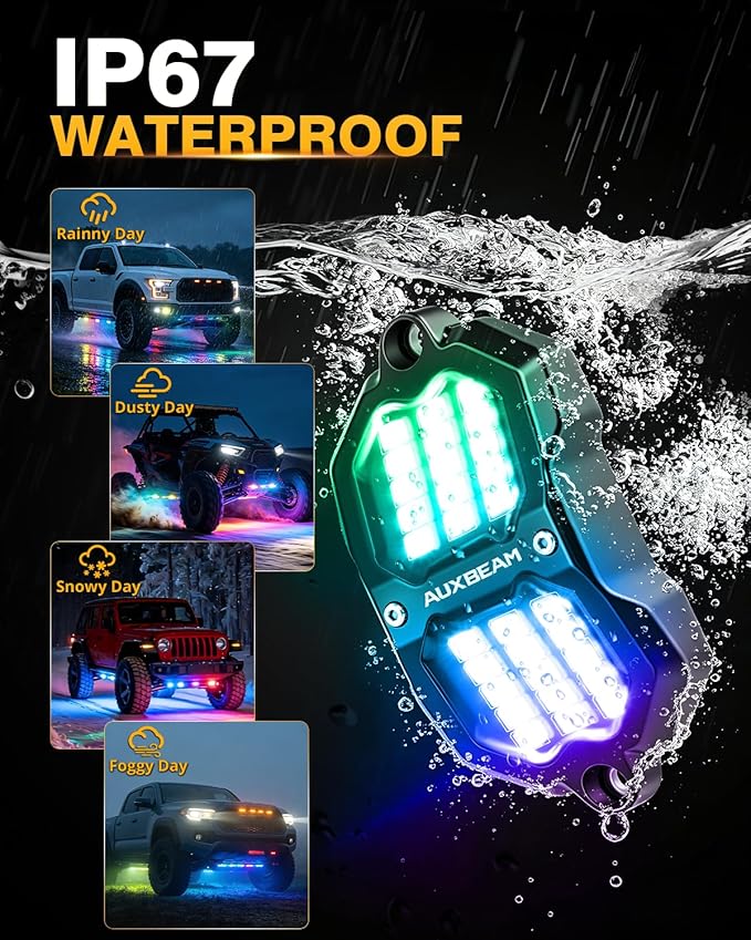 Auxbeam 8 Pods RGB LED Rock Lights with Brake Mode Wheel Well Lights w/Bluetooth APP+Remote Control Music Voice Sync Waterproof Dynamic Color Changing Underglow Kit for Trucks ATV Car 1 Year Warranty