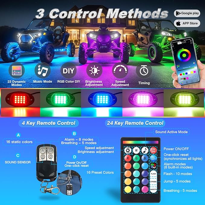 6Pods Segmented RGB LED Rock Lights Kit for ATV UTV 4 Wheeler Can-Am SXS RZR Side By Side Offroad Golf Cart with APP/RF Remote, Multicolor Underglow Accent Light Waterproof Vehicle Music 12V Underbody