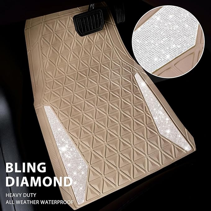 CAR PASS Bling Diamond Car Mats Rubber Floor Mats Full Set Anti-Slip 3D Rhombus Waterproof Trim to Fit Liner Universal Glitter Crystal Sparkly Shining Rhinestone Girl Women SUV Sedan Van, Beige Rubber